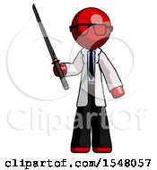 Red Doctor Scientist Man Standing Up With Ninja Sword Katana