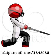 Poster, Art Print Of Red Doctor Scientist Man With Ninja Sword Katana Slicing Or Striking Something