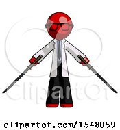Red Doctor Scientist Man Posing With Two Ninja Sword Katanas