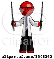 Red Doctor Scientist Man Posing With Two Ninja Sword Katanas Up