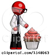 Poster, Art Print Of Red Doctor Scientist Man With Giant Cupcake Dessert