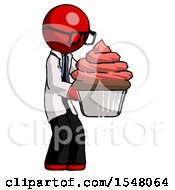 Red Doctor Scientist Man Holding Large Cupcake Ready To Eat Or Serve