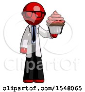Red Doctor Scientist Man Presenting Pink Cupcake To Viewer