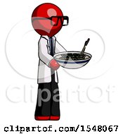 Poster, Art Print Of Red Doctor Scientist Man Holding Noodles Offering To Viewer