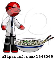 Poster, Art Print Of Red Doctor Scientist Man And Noodle Bowl Giant Soup Restaraunt Concept