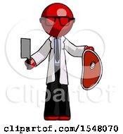 Poster, Art Print Of Red Doctor Scientist Man Holding Large Steak With Butcher Knife