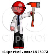 Poster, Art Print Of Red Doctor Scientist Man Holding Up Red Firefighters Ax