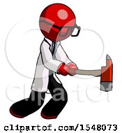 Poster, Art Print Of Red Doctor Scientist Man With Ax Hitting Striking Or Chopping