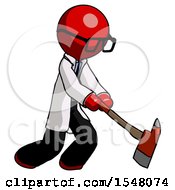 Poster, Art Print Of Red Doctor Scientist Man Striking With A Red Firefighters Ax