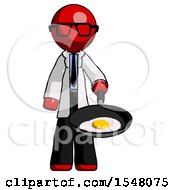 Red Doctor Scientist Man Frying Egg In Pan Or Wok