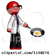 Red Doctor Scientist Man Frying Egg In Pan Or Wok Facing Right