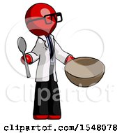 Red Doctor Scientist Man With Empty Bowl And Spoon Ready To Make Something