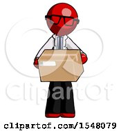 Red Doctor Scientist Man Holding Box Sent Or Arriving In Mail