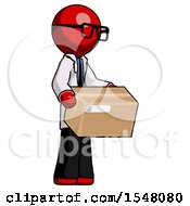 Red Doctor Scientist Man Holding Package To Send Or Recieve In Mail