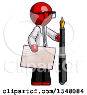 Poster, Art Print Of Red Doctor Scientist Man Holding Large Envelope And Calligraphy Pen