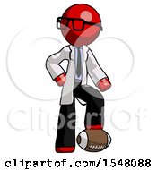 Red Doctor Scientist Man Standing With Foot On Football