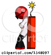 Poster, Art Print Of Red Doctor Scientist Man Leaning Against Dynimate Large Stick Ready To Blow