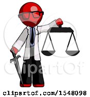 Poster, Art Print Of Red Doctor Scientist Man Justice Concept With Scales And Sword Justicia Derived
