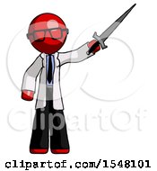 Poster, Art Print Of Red Doctor Scientist Man Holding Sword In The Air Victoriously