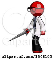 Poster, Art Print Of Red Doctor Scientist Man With Sword Walking Confidently