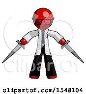 Poster, Art Print Of Red Doctor Scientist Man Two Sword Defense Pose