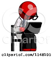 Poster, Art Print Of Red Doctor Scientist Man Using Laptop Computer While Sitting In Chair Angled Right