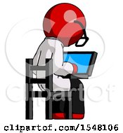 Poster, Art Print Of Red Doctor Scientist Man Using Laptop Computer While Sitting In Chair View From Back