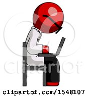 Poster, Art Print Of Red Doctor Scientist Man Using Laptop Computer While Sitting In Chair View From Side