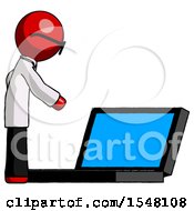 Poster, Art Print Of Red Doctor Scientist Man Using Large Laptop Computer Side Orthographic View