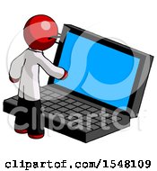 Poster, Art Print Of Red Doctor Scientist Man Using Large Laptop Computer