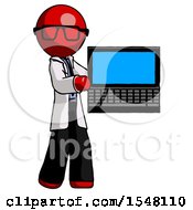 Poster, Art Print Of Red Doctor Scientist Man Holding Laptop Computer Presenting Something On Screen