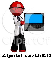 Red Doctor Scientist Man Holding Laptop Computer Presenting Something On Screen