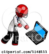 Red Doctor Scientist Man Throwing Laptop Computer In Frustration