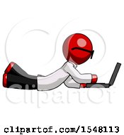 Red Doctor Scientist Man Using Laptop Computer While Lying On Floor Side View