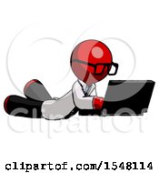 Poster, Art Print Of Red Doctor Scientist Man Using Laptop Computer While Lying On Floor Side Angled View