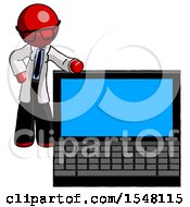 Poster, Art Print Of Red Doctor Scientist Man Beside Large Laptop Computer Leaning Against It