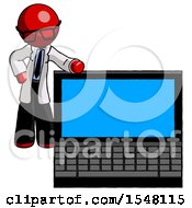 Red Doctor Scientist Man Beside Large Laptop Computer Leaning Against It
