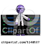 Poster, Art Print Of Purple Doctor Scientist Man With Server Racks In Front Of Two Networked Systems