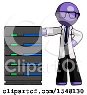 Poster, Art Print Of Purple Doctor Scientist Man With Server Rack Leaning Confidently Against It