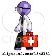 Purple Doctor Scientist Man Walking With Medical Aid Briefcase To Left