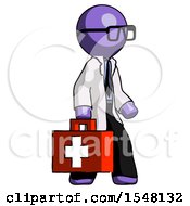 Purple Doctor Scientist Man Walking With Medical Aid Briefcase To Right