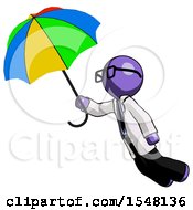 Poster, Art Print Of Purple Doctor Scientist Man Flying With Rainbow Colored Umbrella