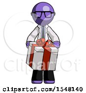 Purple Doctor Scientist Man Gifting Present With Large Bow Front View