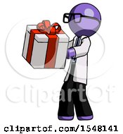 Purple Doctor Scientist Man Presenting A Present With Large Red Bow On It