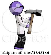 Purple Doctor Scientist Man Hammering Something On The Right
