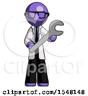 Purple Doctor Scientist Man Holding Large Wrench With Both Hands