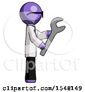 Purple Doctor Scientist Man Using Wrench Adjusting Something To Right