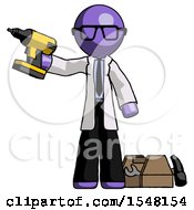 Poster, Art Print Of Purple Doctor Scientist Man Holding Drill Ready To Work Toolchest And Tools To Right