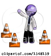 Poster, Art Print Of Purple Doctor Scientist Man Standing By Traffic Cones Waving
