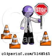 Poster, Art Print Of Purple Doctor Scientist Man Holding Stop Sign By Traffic Cones Under Construction Concept